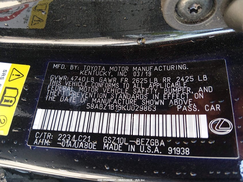 2019 Lexus ES VIN 58ABZ1B19KU029863 IAAI salvage auction — LEFT FRONT, Salvage Title, sold $8,900 on 2026-07-23 (photo 9)