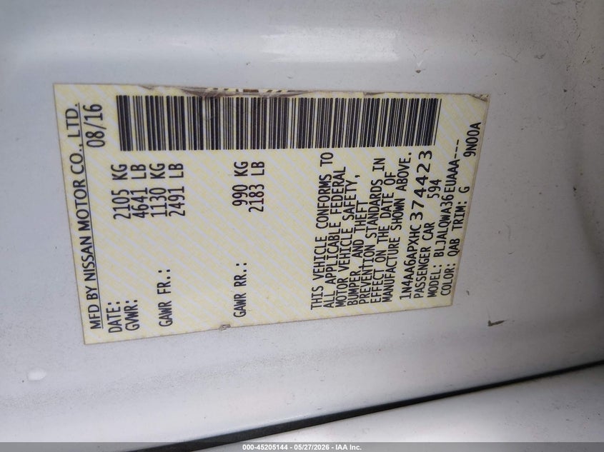 2017 Nissan Maxima VIN 1N4AA6APXHC374423 IAAI salvage auction — LEFT SIDE, Salvage Title, sold $350 on 2026-07-29 (photo 9)