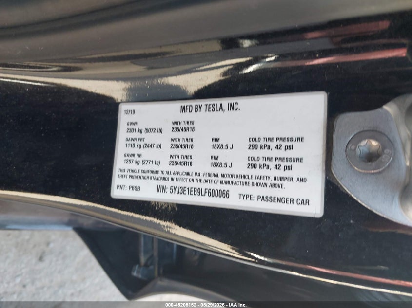 2020 Tesla Model 3 VIN 5YJ3E1EB9LF600066 IAAI salvage auction — FRONT END, Salvage (North Carolina), sold $5,900 on 2026-07-16 (photo 9)