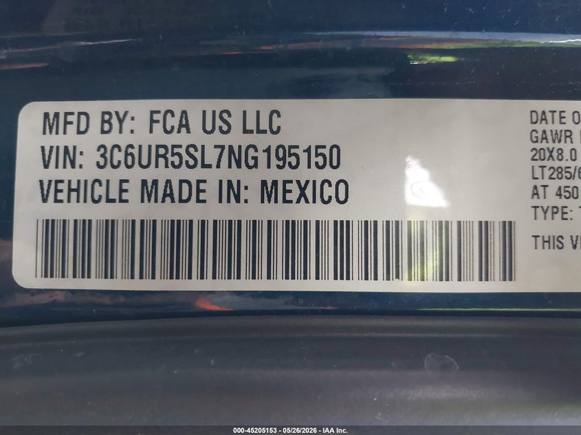 2022 Ram 2500 VIN 3C6UR5SL7NG195150 IAAI salvage auction — RIGHT FRONT, Original (Texas), sold $26,975 on 2026-07-28 (photo 9)