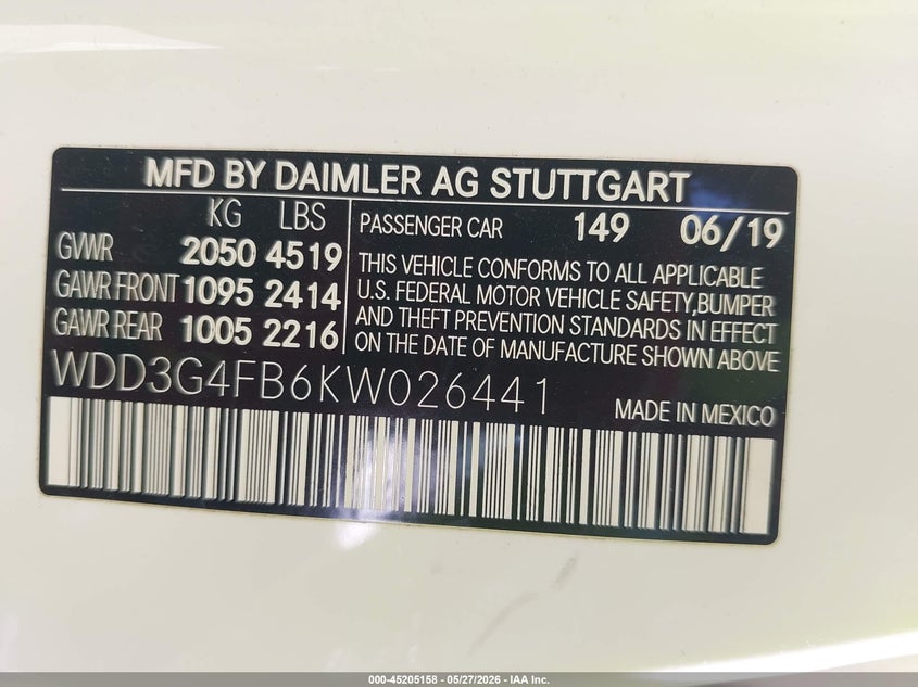 2019 Mercedes-benz A-klasse VIN WDD3G4FB6KW026441 IAAI salvage auction — REAR END, Salvage Title, sold $6,600 on 2026-07-20 (photo 9)
