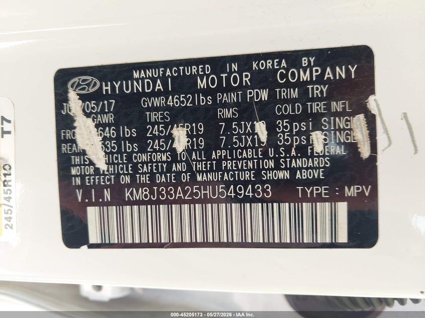 2017 Hyundai Tucson VIN KM8J33A25HU549433 IAAI salvage auction — LEFT FRONT, Salvage Title, sold $2,400 on 2026-07-06 (photo 9)