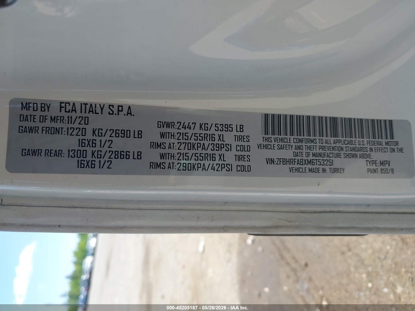2021 Ram Promaster city VIN ZFBHRFABXM6T53251 IAAI salvage auction — REAR END, Salvage (Massachusetts), sold $4,075 on 2026-07-24 (photo 9)
