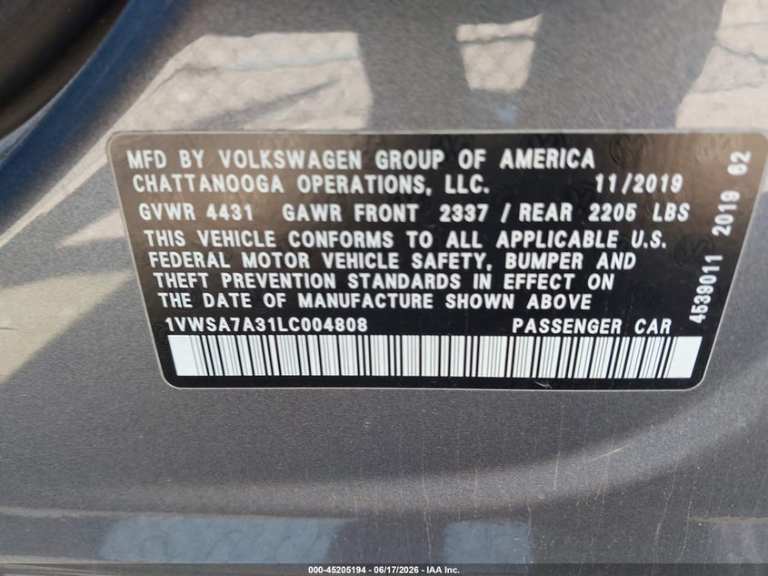2020 Volkswagen Passat VIN 1VWSA7A31LC004808 IAAI salvage auction — REAR END, Wait Title, sold $3,500 on 2026-08-23 (photo 9)