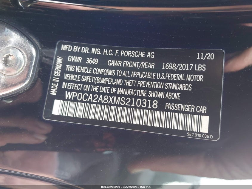 2021 Porsche 718 boxster VIN WP0CA2A8XMS210318 IAAI salvage auction — FRONT END, Original (Texas), sold $19,075 on 2026-07-15 (photo 9)