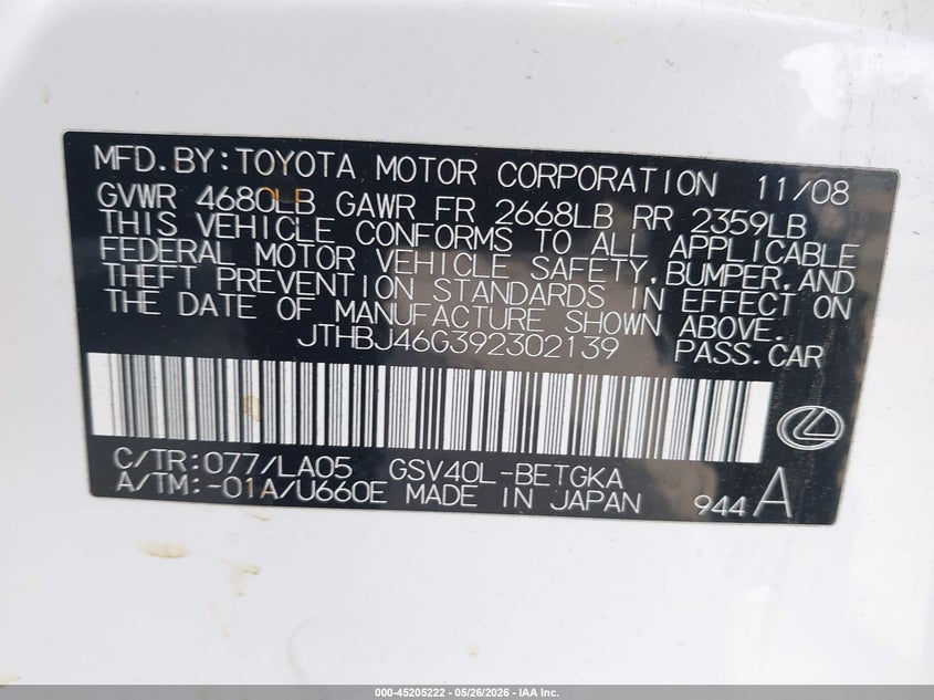 2009 Lexus Es 350 VIN JTHBJ46G392302139 IAAI salvage auction — RIGHT SIDE, Salvage (California), sold $800 on 2026-07-28 (photo 9)