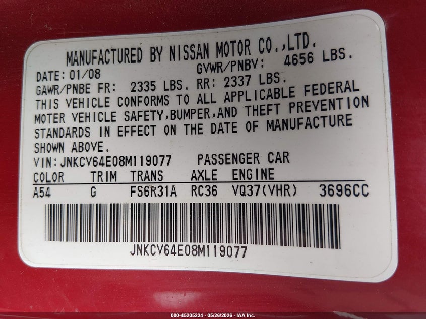 2008 Infiniti G VIN JNKCV64E08M119077 IAAI salvage auction — HAIL, Clear (Oklahoma), sold $2,600 on 2026-07-14 (photo 9)