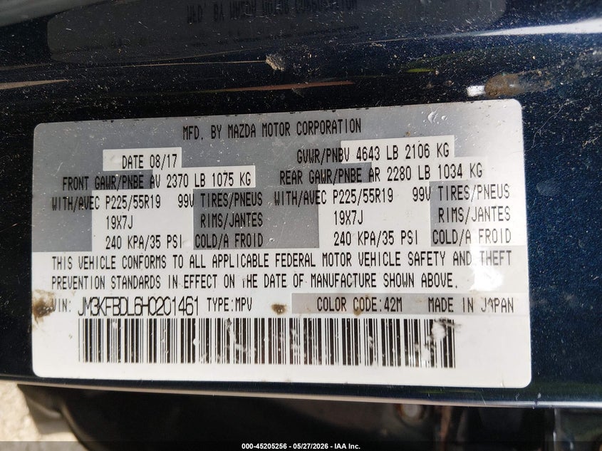 2017 Mazda Cx-5 VIN JM3KFBDL6H0201461 IAAI salvage auction — RIGHT FRONT, Salvage Title, sold $5,100 on 2026-07-16 (photo 9)