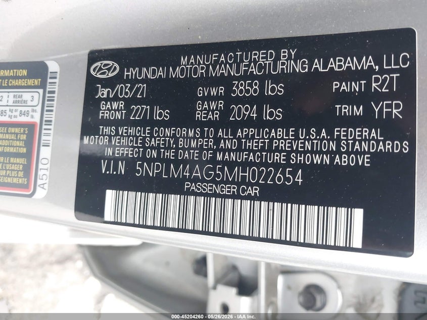2021 Hyundai Elantra VIN 5NPLM4AG5MH022654 IAAI salvage auction — FRONT END, Salvage (Georgia), sold $3,650 on 2026-07-29 (photo 9)