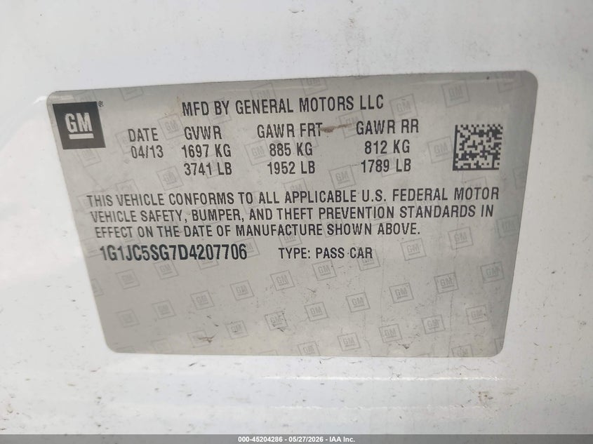 2013 Chevrolet SONIC VIN 1G1JC5SG7D4207706 IAAI salvage auction — NORMAL WEAR, Salvage Title, sold $350 on 2026-07-22 (photo 9)
