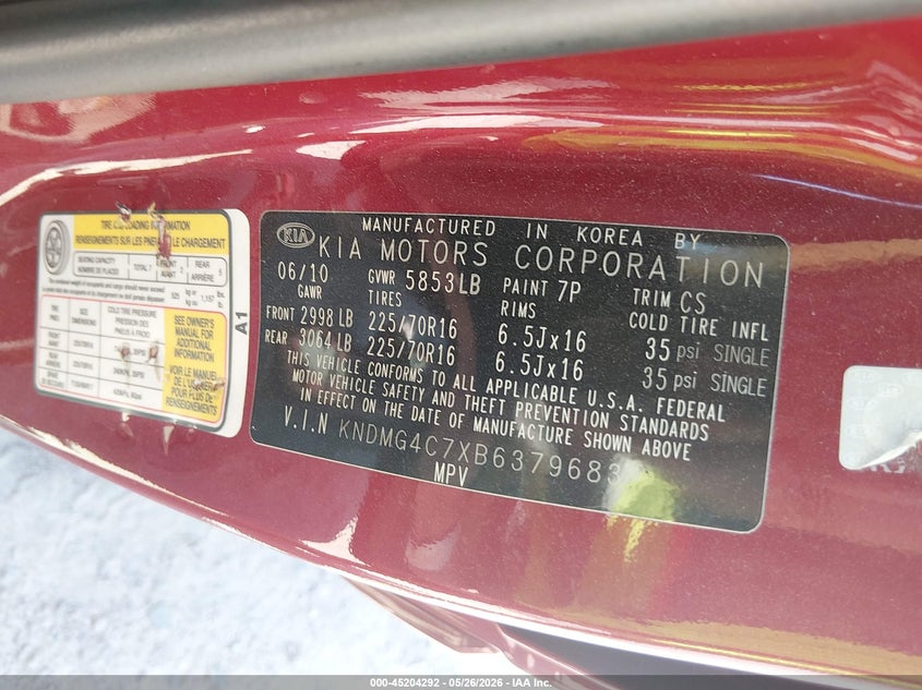 2011 Kia SEDONA VIN KNDMG4C7XB6379683 IAAI salvage auction — RIGHT SIDE, Junk Bill Of Sale Mv2459 (Wisconsin), sold $250 on 2026-07-08 (photo 9)