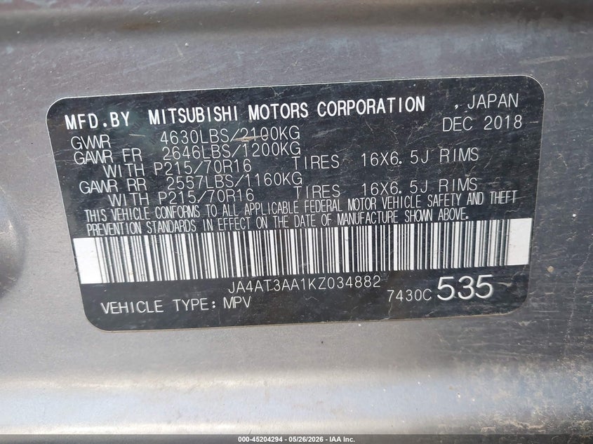 2019 Mitsubishi Eclipse cross VIN JA4AT3AA1KZ034882 IAAI salvage auction — HAIL, Regular (South Dakota), sold $1,050 on 2026-07-28 (photo 9)