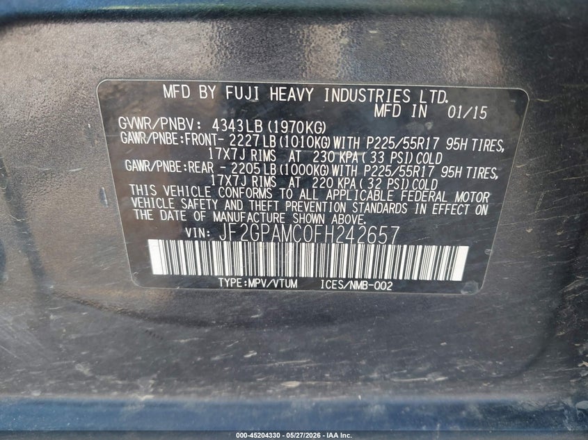 2015 Subaru Xv VIN JF2GPAMC0FH242657 IAAI salvage auction — LEFT FRONT, Salvage Title, sold $2,700 on 2026-07-15 (photo 9)