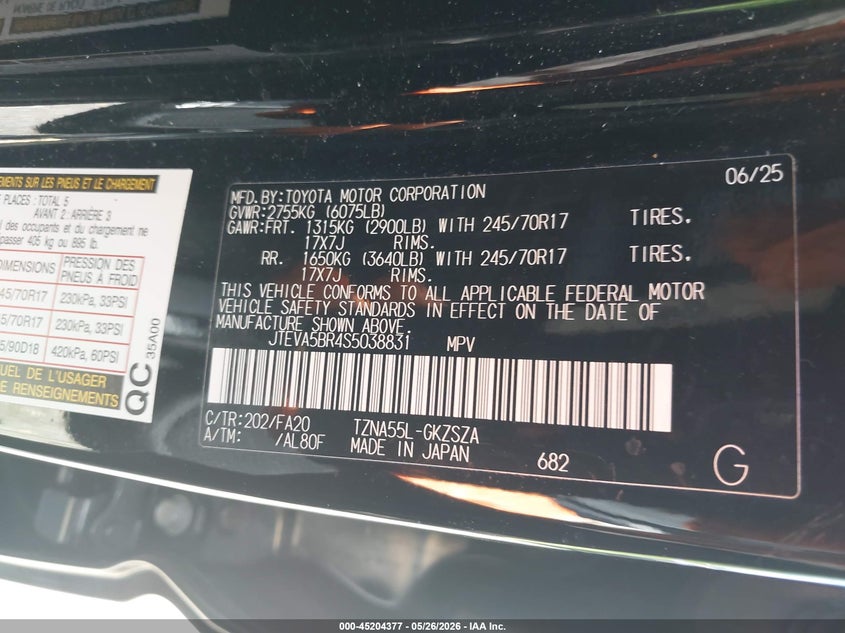 2025 Toyota 4runner VIN JTEVA5BR4S5038831 IAAI salvage auction — LEFT & RIGHT, Certificate Of Destruction (Florida), sold $10,000 on 2026-07-10 (photo 9)