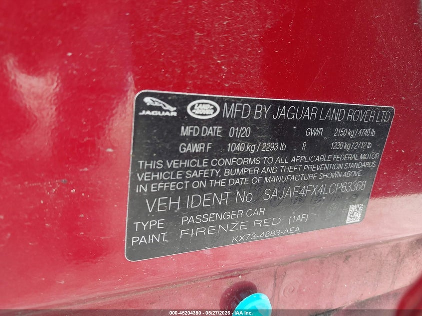 2020 Jaguar Xe VIN SAJAE4FX4LCP63368 IAAI salvage auction — REAR END, Salvage Title, sold $4,350 on 2026-07-21 (photo 9)