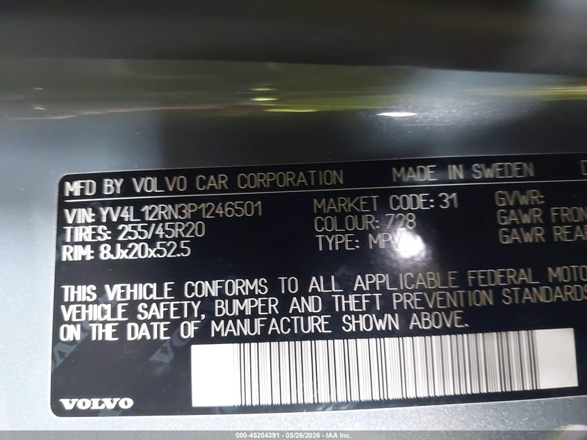 2023 Volvo Xc60 VIN YV4L12RN3P1246501 IAAI salvage auction — FRONT END, Salvage (Virginia), sold $16,700 on 2026-07-09 (photo 9)