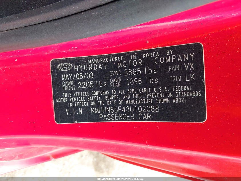 2003 Hyundai Tiburon VIN KMHHN65F43U102088 IAAI salvage auction — REAR END, Clear (Oklahoma), sold $125 on 2026-07-22 (photo 9)