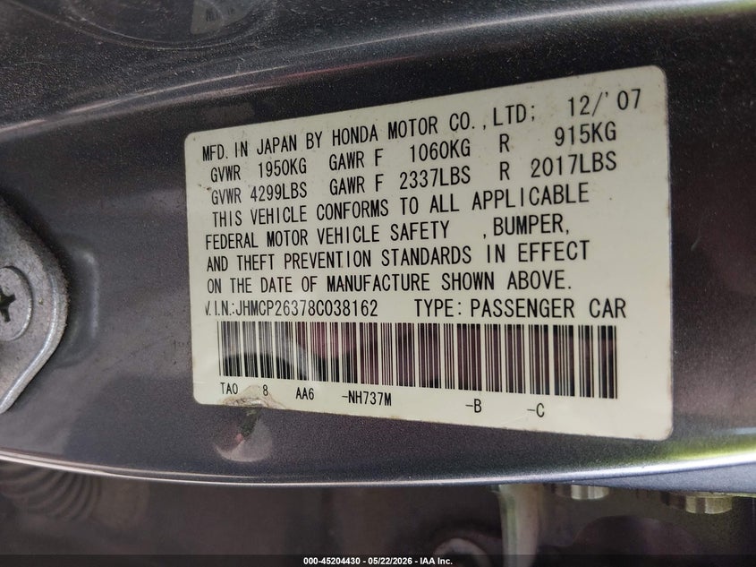 2008 Honda Accord VIN JHMCP26378C038162 IAAI salvage auction — FRONT END, Salvage (Georgia), sold $25 on 2026-07-23 (photo 9)
