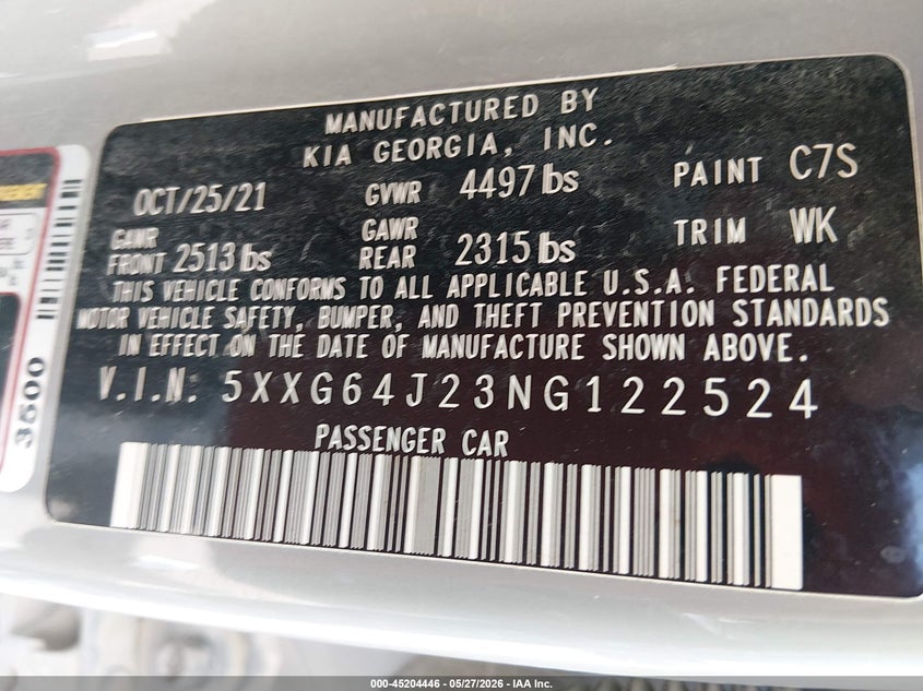 2022 Kia K5 VIN 5XXG64J23NG122524 IAAI salvage auction — FRONT & REAR, Salvage Title, sold $1,400 on 2026-07-16 (photo 9)