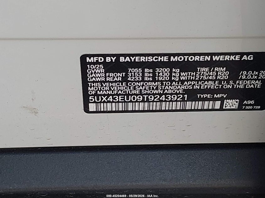 2026 BMW X5 VIN 5UX43EU09T9243921 IAAI salvage auction — RIGHT SIDE, Salvage Title, sold $50,250 on 2026-07-30 (photo 9)