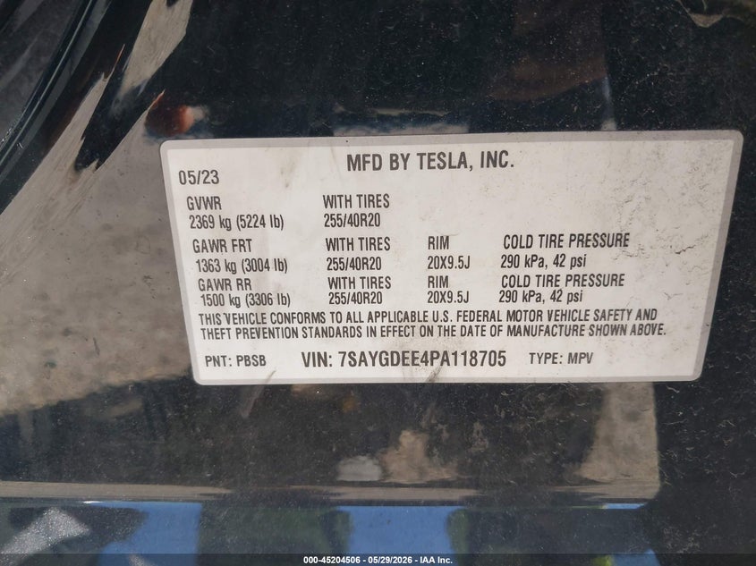 2023 Tesla Model y VIN 7SAYGDEE4PA118705 IAAI salvage auction — SIDE, Salvage Title, sold $13,300 on 2026-07-21 (photo 9)