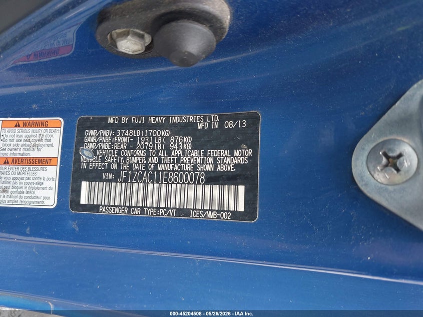 2014 Subaru Brz VIN JF1ZCAC11E8600078 IAAI salvage auction — RIGHT SIDE, Clear (Virginia), sold $3,225 on 2026-07-24 (photo 9)