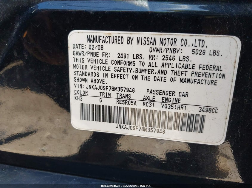 2008 Infiniti Ex35 VIN JNKAJ09F78M357946 IAAI salvage auction — REAR END, Salvage (Rhode Island), sold $25 on 2026-07-28 (photo 9)