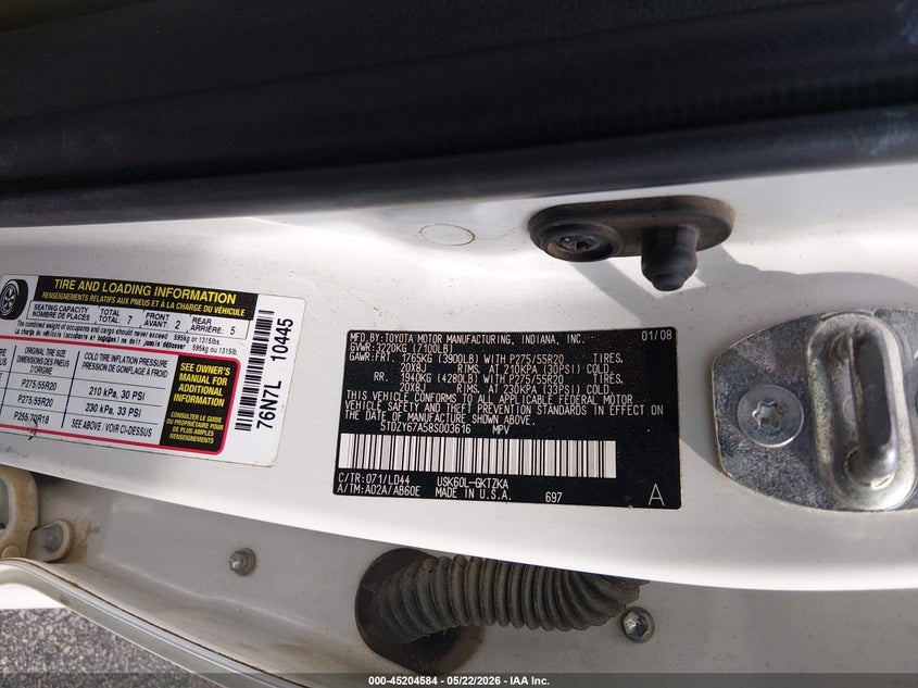 2008 Toyota Sequoia VIN 5TDZY67A58S003616 IAAI salvage auction — RIGHT SIDE, Repossession Paperwork (South Carolina), sold $2,550 on 2026-07-15 (photo 9)