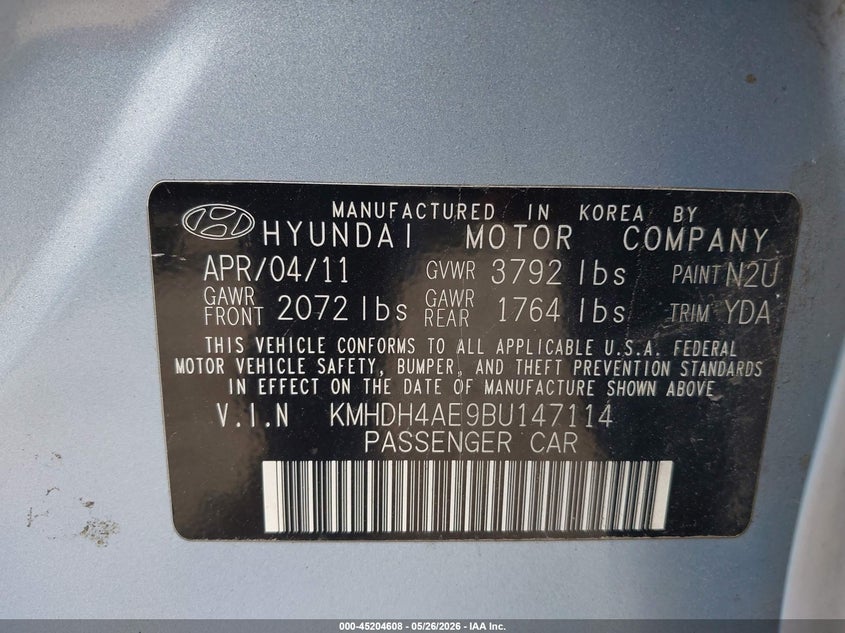 2011 Hyundai Elantra VIN KMHDH4AE9BU147114 IAAI salvage auction — FRONT & REAR, Salvage (New Jersey), sold $275 on 2026-07-14 (photo 9)