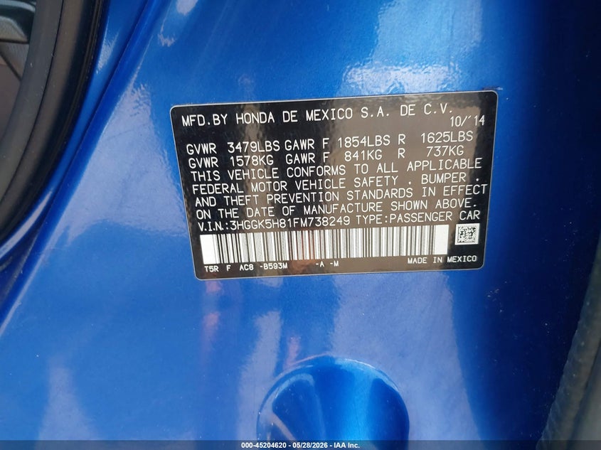 2015 Honda Fit VIN 3HGGK5H81FM738249 IAAI salvage auction — FRONT & REAR, Salvage Title, sold $1,650 on 2026-07-27 (photo 9)