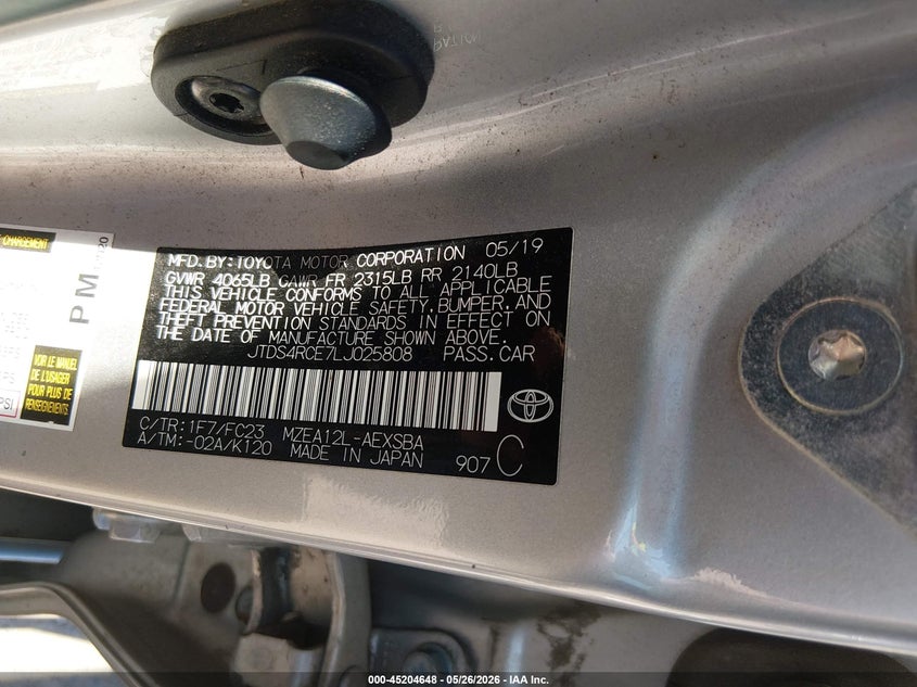 2020 Toyota Corolla VIN JTDS4RCE7LJ025808 IAAI salvage auction — FRONT END, Salvage (Wisconsin), sold $2,100 on 2026-07-29 (photo 9)