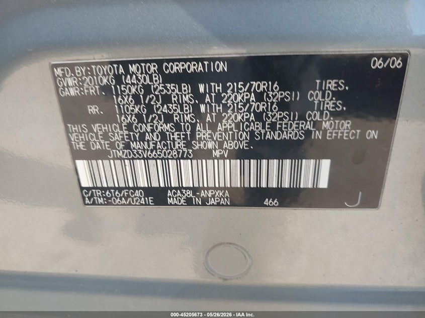 2006 Toyota Rav4 VIN JTMZD33V665028773 IAAI salvage auction — RIGHT REAR, Rebuilt (Oklahoma), sold $550 on 2026-07-15 (photo 9)