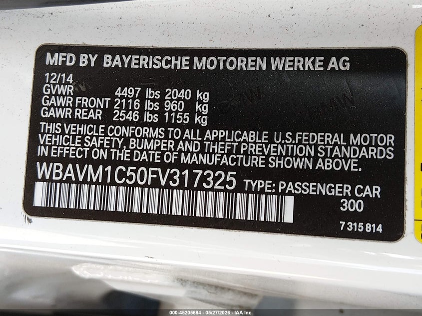 2015 BMW X1 VIN WBAVM1C50FV317325 IAAI salvage auction — FRONT END, Salvage Title, sold $1,200 on 2026-07-13 (photo 9)