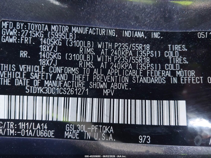 2012 Toyota Sienna VIN 5TDYK3DC1CS261271 IAAI salvage auction — REAR END, Salvage (North Carolina), sold $825 on 2026-07-15 (photo 9)