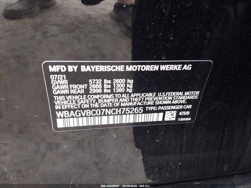 2022 BMW 8er VIN WBAGV8C07NCH75265 IAAI salvage auction — UNKNOWN, Salvage (New Jersey), sold $28,300 on 2026-09-03 (photo 9)