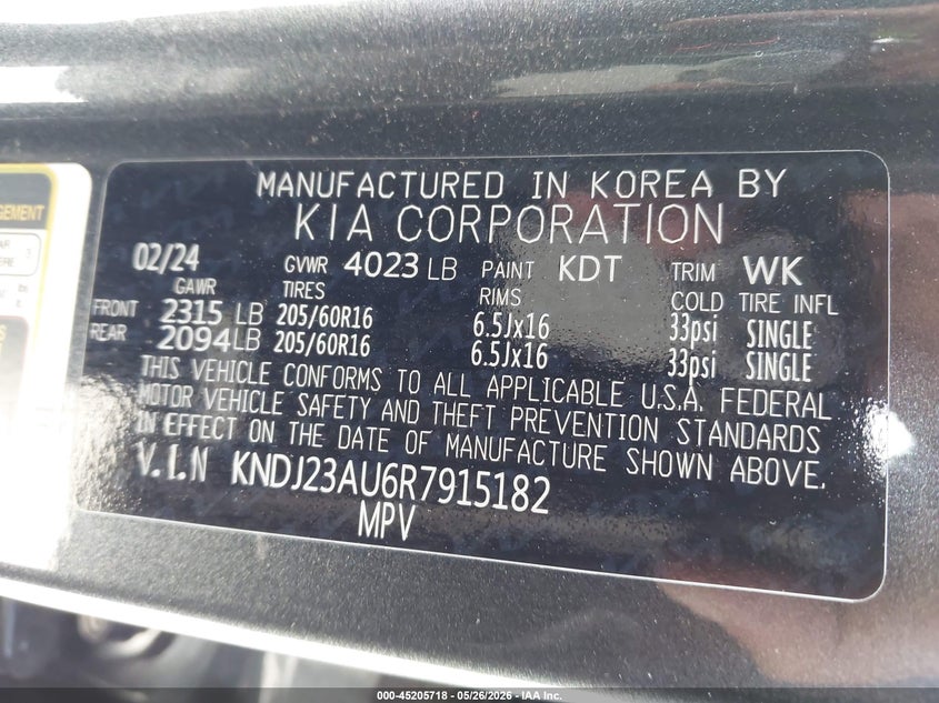 2024 Kia Soul VIN KNDJ23AU6R7915182 IAAI salvage auction — FRONT END, Salvage (California), sold $2,450 on 2026-07-29 (photo 9)