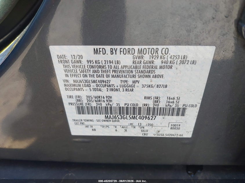 2021 Ford Ecosport VIN MAJ6S3GL5MC409627 IAAI salvage auction — FRONT END, Salvage Title, sold $1,450 on 2026-07-14 (photo 9)