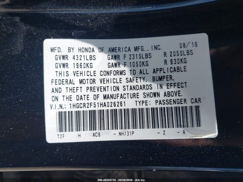 2017 Honda Accord VIN 1HGCR2F51HA026261 IAAI salvage auction — FRONT END, Original (Texas), sold $3,150 on 2026-07-24 (photo 9)
