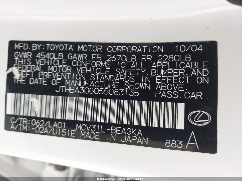 2005 Lexus Es 330 VIN JTHBA30G055083135 IAAI salvage auction — FRONT END, Rebuildable (Florida), sold $25 on 2026-07-23 (photo 9)