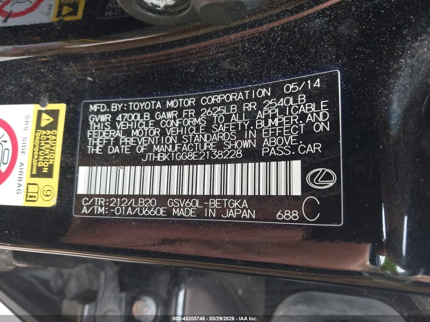 2014 Lexus ES VIN JTHBK1GG8E2138228 IAAI salvage auction — FRONT END, Salvage Title, sold $2,900 on 2026-07-11 (photo 9)