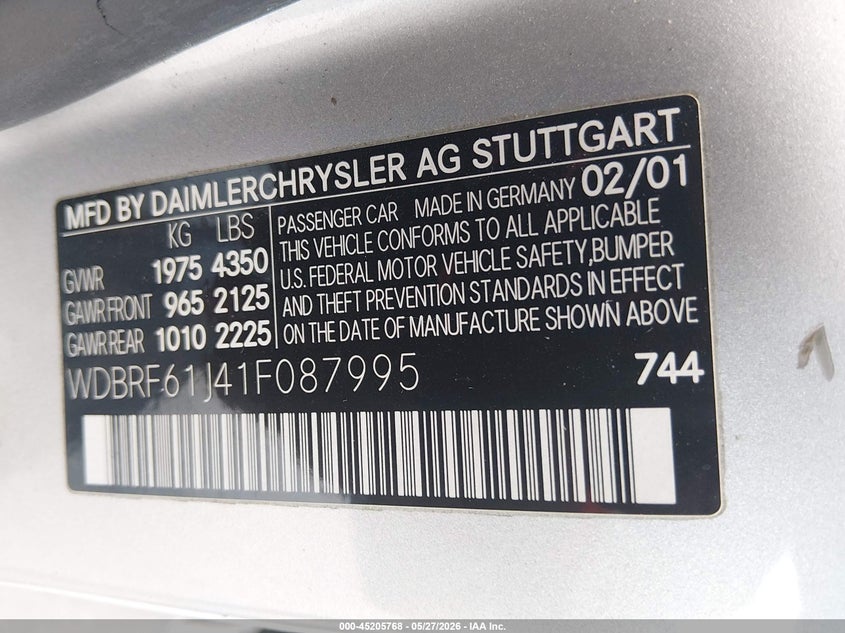 2001 Mercedes-benz C-klasse VIN WDBRF61J41F087995 IAAI salvage auction — NORMAL WEAR, Original (Kentucky), sold $225 on 2026-07-29 (photo 9)