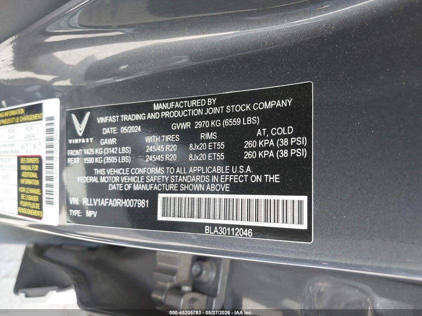 2024 Vinfast Vf 8 VIN RLLV1AFA0RH007981 IAAI salvage auction — FRONT END, Salvage Certificate (California), sold $8,200 on 2026-07-22 (photo 9)
