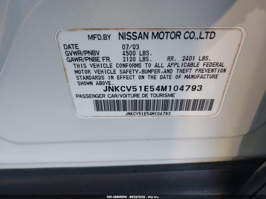 2004 Infiniti G35 VIN JNKCV51E54M104793 IAAI salvage auction — REAR END, Salvage (Idaho), sold $225 on 2026-07-14 (photo 9)