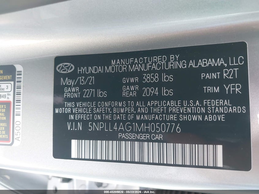 2021 Hyundai Elantra VIN 5NPLL4AG1MH050776 IAAI salvage auction — SIDE, Sf97 (Texas), sold $15,275 on 2026-07-07 (photo 9)