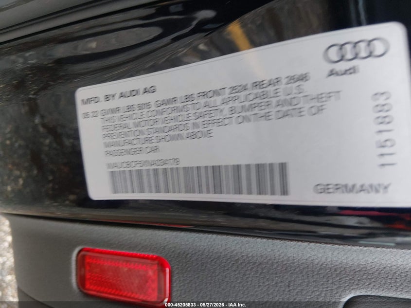 2022 Audi A5 VIN WAUCBCF5XNA034179 IAAI salvage auction — LEFT FRONT, Original (Texas), sold $10,500 on 2026-08-22 (photo 9)