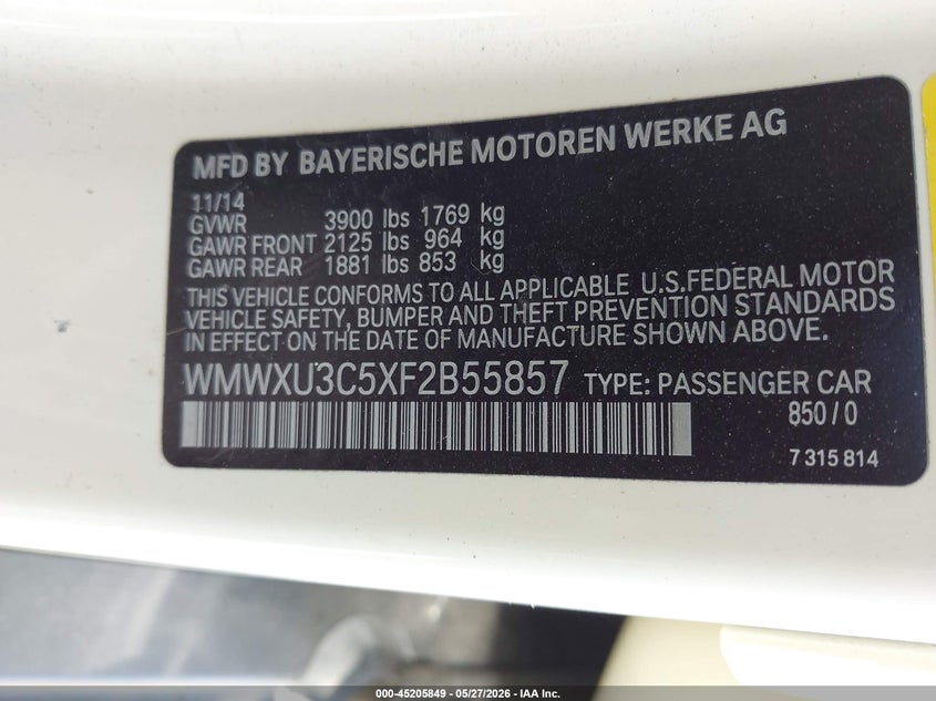 2015 Mini Hard top VIN WMWXU3C5XF2B55857 IAAI salvage auction — FRONT END, Salvage Title, sold $700 on 2026-07-20 (photo 9)