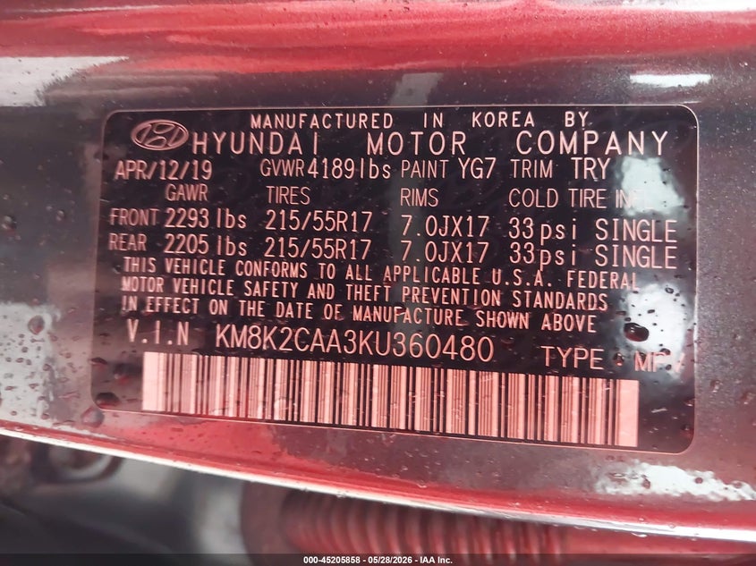 2019 Hyundai Kona VIN KM8K2CAA3KU360480 IAAI salvage auction — HAIL, Salvage Title, sold $3,300 on 2026-07-20 (photo 9)