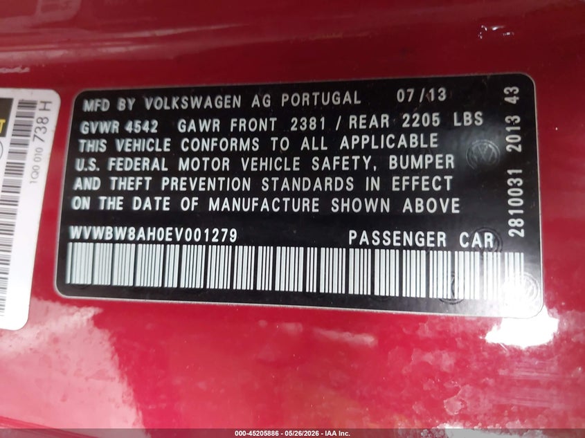 2014 Volkswagen Eos VIN WVWBW8AH0EV001279 IAAI salvage auction — FRONT & REAR, Salvage (Indiana), sold $1,000 on 2026-07-09 (photo 9)
