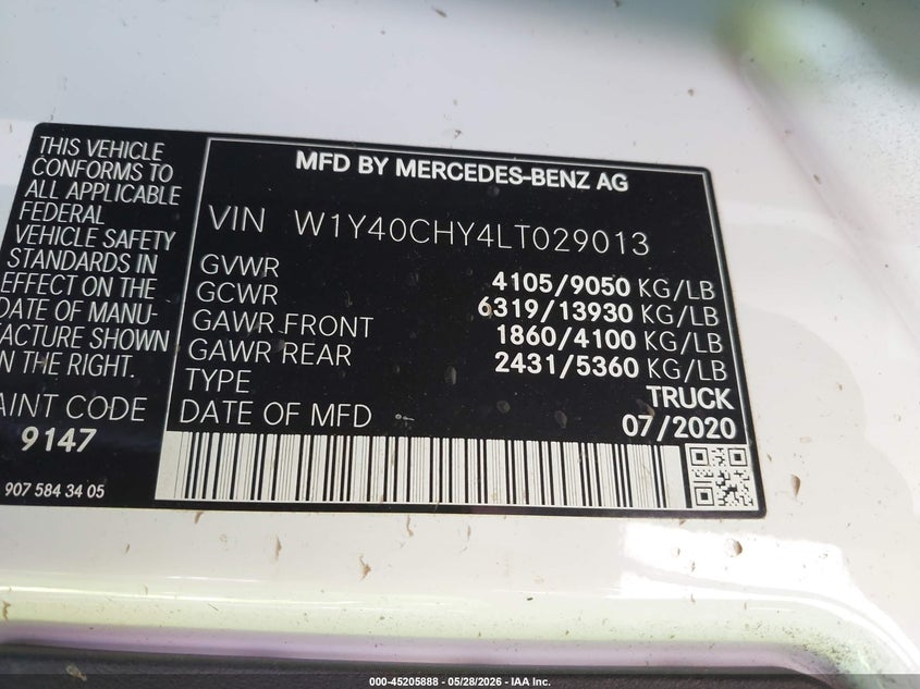 2020 Mercedes-benz Sprinter VIN W1Y40CHY4LT029013 IAAI salvage auction — REAR END, Salvage Title, sold $13,000 on 2026-07-23 (photo 9)