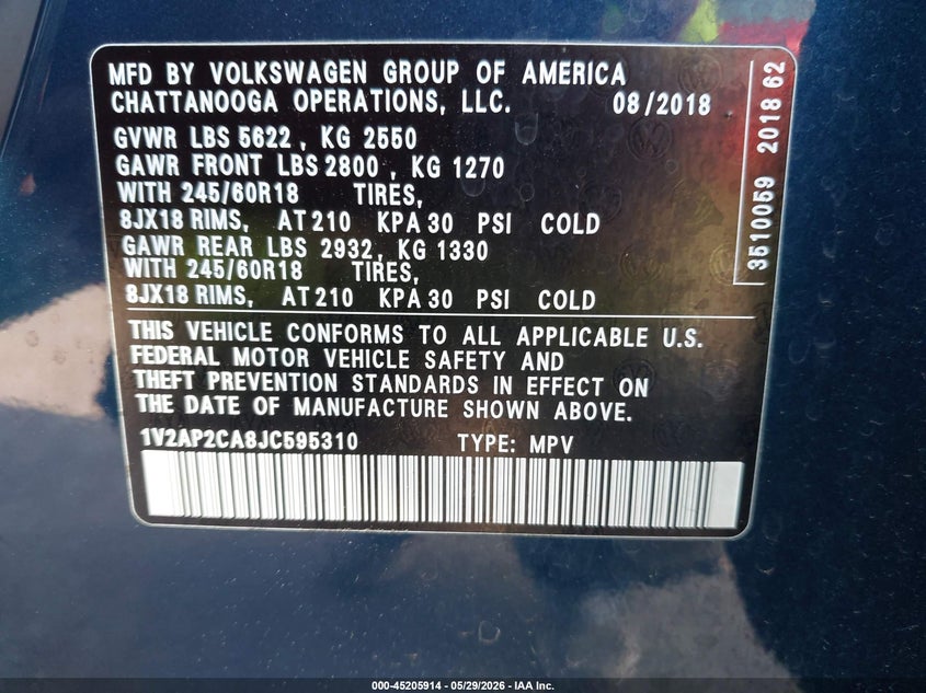 2018 Volkswagen Atlas VIN 1V2AP2CA8JC595310 IAAI salvage auction — RIGHT REAR, Salvage (Texas), sold $3,650 on 2026-07-31 (photo 9)